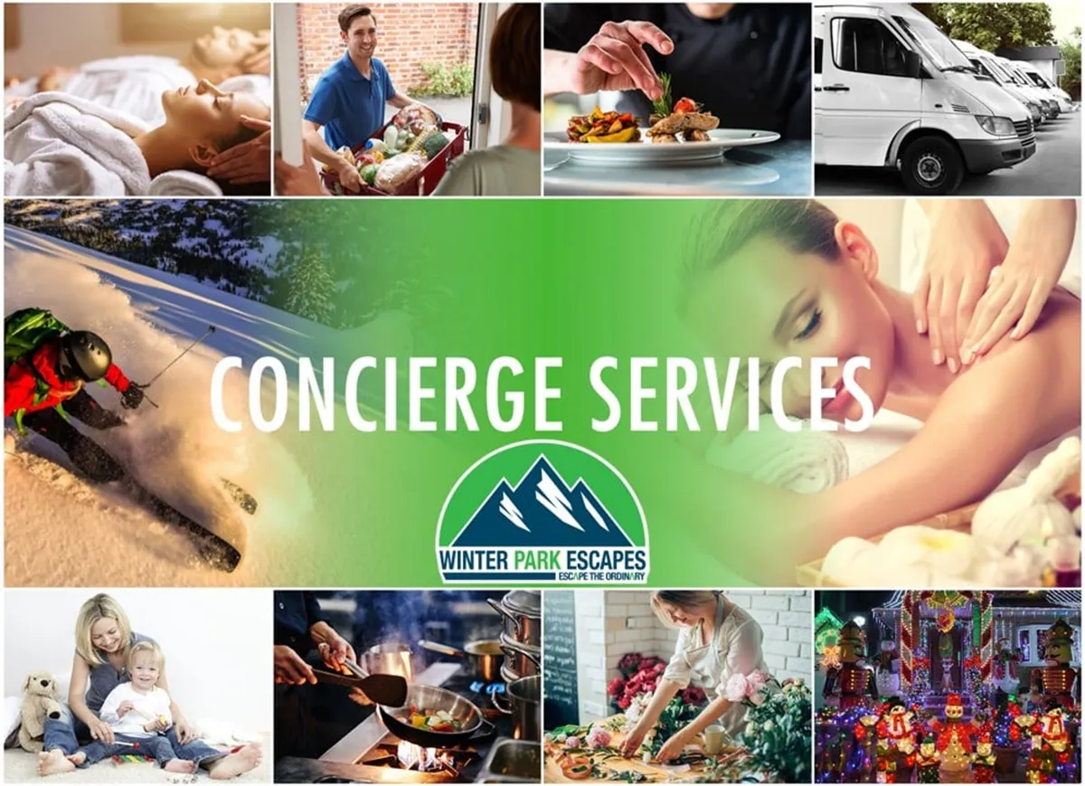 A collage-style interior image featuring a family enjoying ski trips, gourmet dining, spa treatments, and chef-led cooking in a cozy, upscale resort setting. Holiday decorations and a transportation van in the background hint at year-round activities and easy access to local attractions.