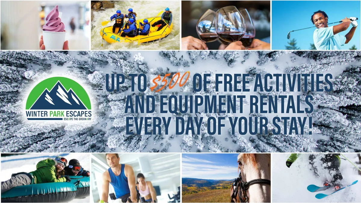 A vibrant collage of interior scenes featuring guests engaging in a variety of activities: white-water rafting, skiing, gourmet dining, golfing, and horseback riding. The imagery conveys energy, excitement, and the diversity of adventures available through the complimentary activities program.