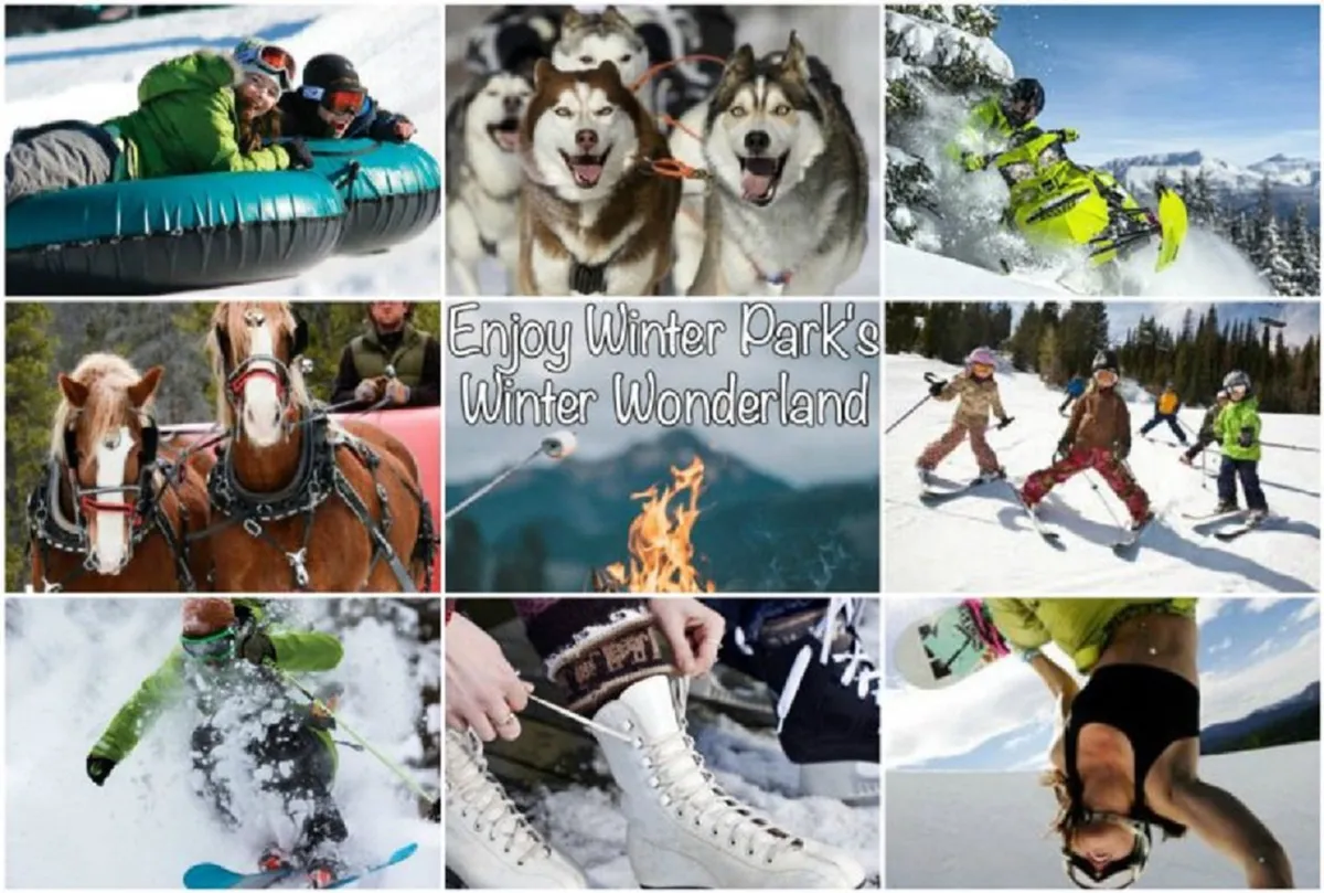 A lively winter scene full of diverse activities: people tubing, huskies, snowmobilers, a horse-drawn sleigh, children skiing, and a group gathered around a fire pit. The image buzzes with energy and showcases the variety of adventures available in Winter Park.
