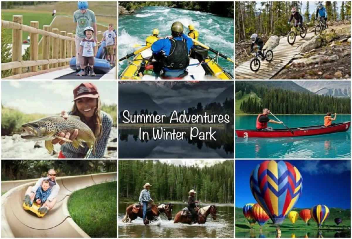 A vibrant scene featuring families and groups engaged in a range of summer mountain activities, such as rafting on a river, biking along forested trails, sliding down an alpine slide, fishing, horseback riding, kayaking, and even viewing the landscape from hot air balloons. The backdrop includes scenic mountains and lush greenery, capturing the spirit of adventure in the Rockies.